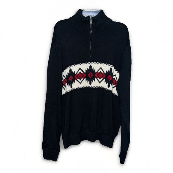 VTG American Living Mens Sweater XL Black 1/4 Zip Pullover Long Sleeve Aztec - Picture 1 of 7